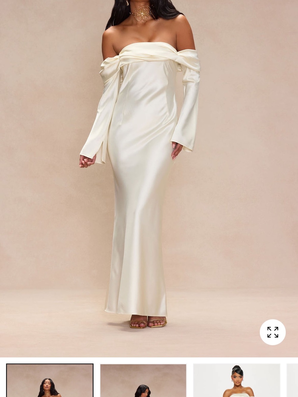 Fashion Nova Off-Shoulder Satin Maxi Dress in Ivory